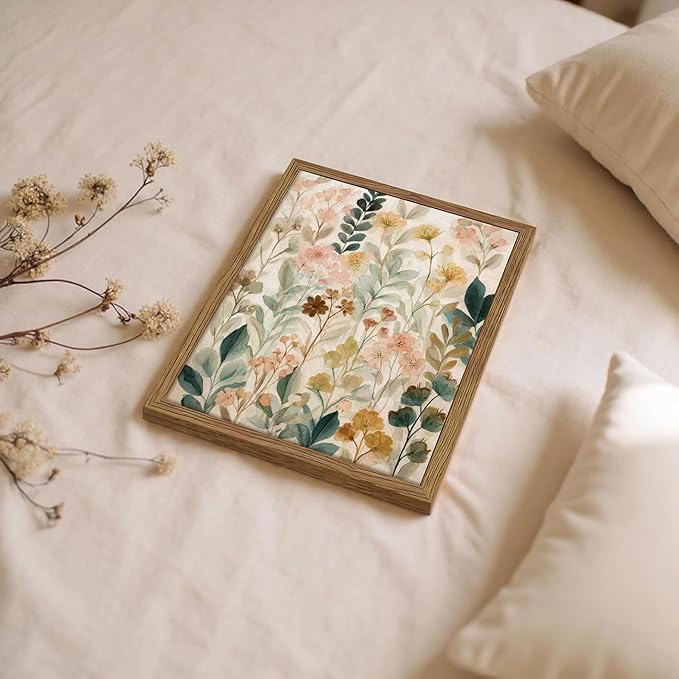 Framed Boho Floral Wall Art, Neutral Botanical Wildflower Canvas Wall Decor Painting, Vintage Flower Poster Print Picture for Living Room Bathroom Bedroom 12x16 Inch