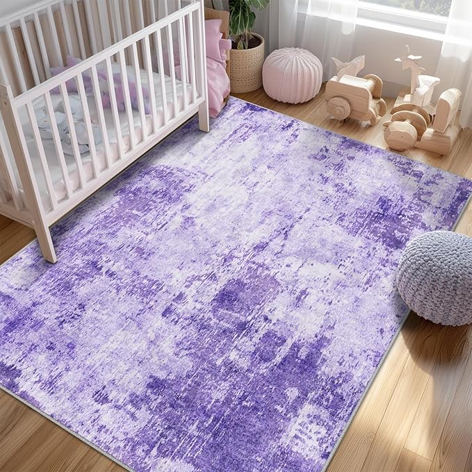 RELEANY Washable Area Rugs 9'x12' Non-Slip Modern Abstract Soft for Living Room Entryway Bedroom Nursery, Print Pattern, Purple Gray Pink White