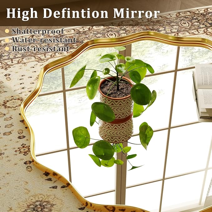 20 Inch Scalloped Round Wall Mirror, Gold Wavy Edge Frame Circle Mirror for Bathroom, Bedroom, Entryway, Living Room for Wall Decor