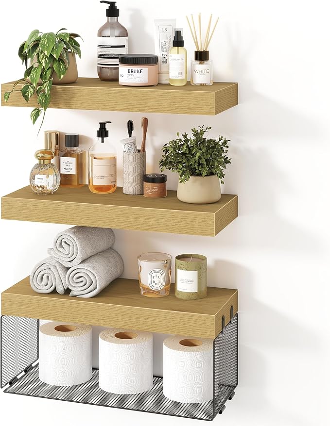 Acovy Bathroom Floating Shelves for Wall,16 inch Wall Mounted Floating Shelf Toilet Organizer and Storage,Small Farmhouse Decor Shelf,Oak,Set of 3