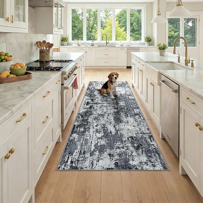 RELEANY Washable Area Rugs 3x7 Non-Slip Modern Abstract Soft for Living Room Entryway Bedroom Nursery, Print Pattern, Black Navy Blue Gray