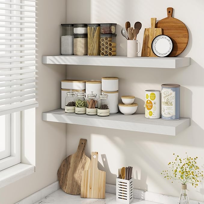 Fun Memories 9.3Inch Deep Floating Shelves for Wall, 30 Inch Rustic Wood Wall Mounted Shelves for Bathroom, Bedroom, Kitchen, Deep Floating Shelf for Storage & Home Decor (White, Set of 2)