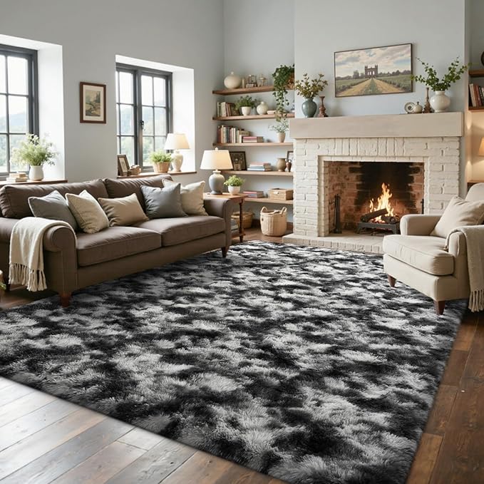 Area Rugs for Living Room 6x9Ft, Soft Fluffy Shagg Plush Bedroom Rug Non-Slip,Large Carpet for Nursery Kids Dorm Home Decor,Black
