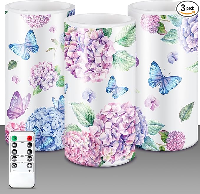 ROCEEI 3 Pcs Spring Flameless Candles Hydrangea Decoration Butterfly LED Candles with Remote Timer Battery Operated Flickering Floral Candle Real Wax Table Centerpiece for Home Easter Wedding Decor