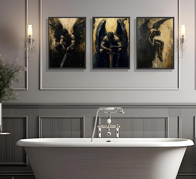 FJKLRP Gothic Dark Angel Wall Art Mural Set 3pcs Black-Winged Male Warrior Canvas Wall Decor Abstract Dark Preppy Style Poster Suitable for Living Room Bedroom and Office Unframed