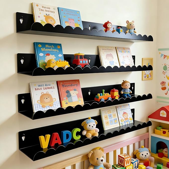 24 Inch Nursery Book Shelves Set of 4, Black Metal Floating Shelves for Wall, Scalloped Cloud Book Shelf for Kids Room, Bathroom, Bedroom, Playroom Wall Decor & Storage