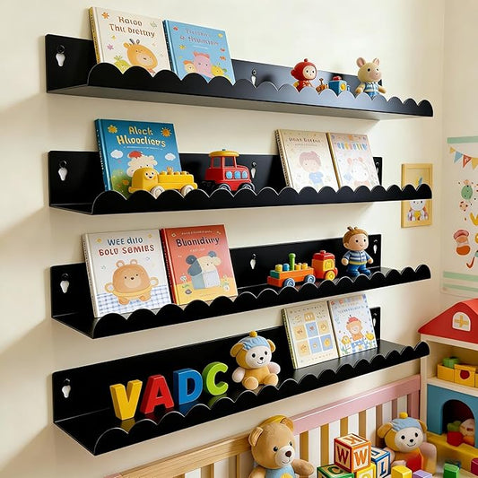 24 Inch Nursery Book Shelves Set of 4, Black Metal Floating Shelves for Wall, Scalloped Cloud Book Shelf for Kids Room, Bathroom, Bedroom, Playroom Wall Decor & Storage