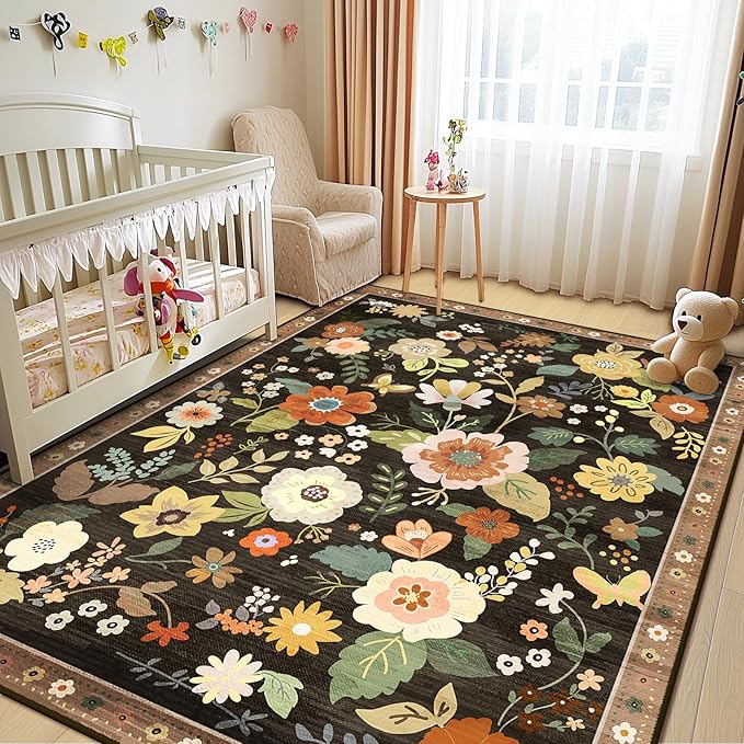 RELEANY Floral Nursery 5x7 Area Rugs Washable Print Boho Cute Carpet Non Slip Flower Low Pile for Living Room Kids Girls Playroom Bedroom Kitchen Office Farmhouse-Black/Yellow/Red
