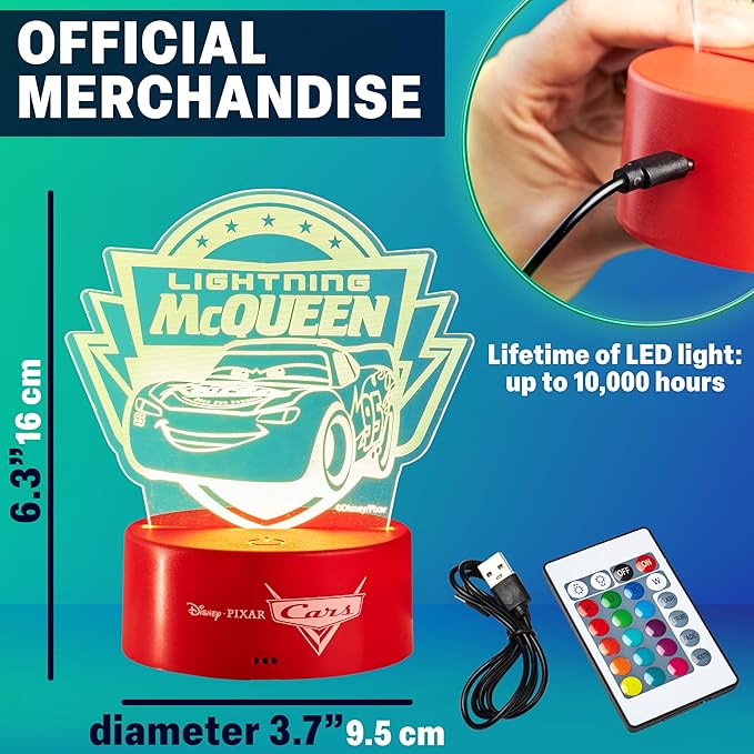 Get Trend Disney Cars Lightning McQueen 3D Illusion Night Light for Kids, 16 Colors, 4 Lighting Modes, Dimmable, Dual Powered LED Desk Lamp, Bedroom Decor, Gifts for Boys (Multi Cars)