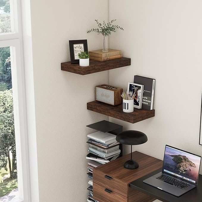 FLYJOE Deep Floating Shelves | 24 Inch Brown Floating Shelves Set of 2 | 12 Inch Deep Rustic Wood Shelves for Wall | 24" W x 12" D Brown Shelves for Living Room Bathroom Laundry Room Kitchen