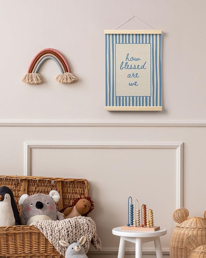 FGFK Trendy Blue Christian How Blessed Are We Wall Art Poster Hanger Frame, Retro Blue Striped Religious Bible Verse Canvas Prints Framed Wall Decor for Home Girls Room Bedroom, 12x16 Inch