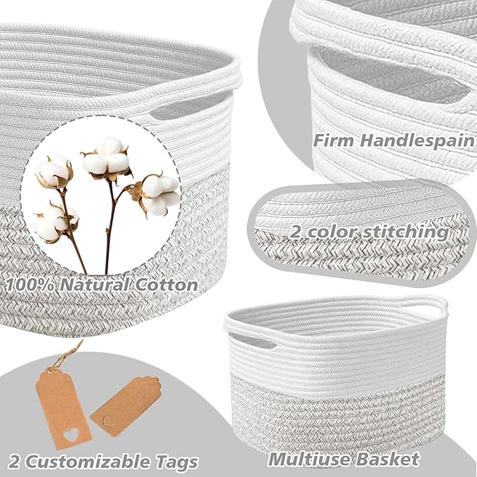 Woven Storage Basket, Cotton Rope Closet Organizers Bins for Clothes Blanket Towels, Stylish Gift Baskets with Handles, 13.4 x 9.3 x 9.5 in, White and Grey (Pack of 1)