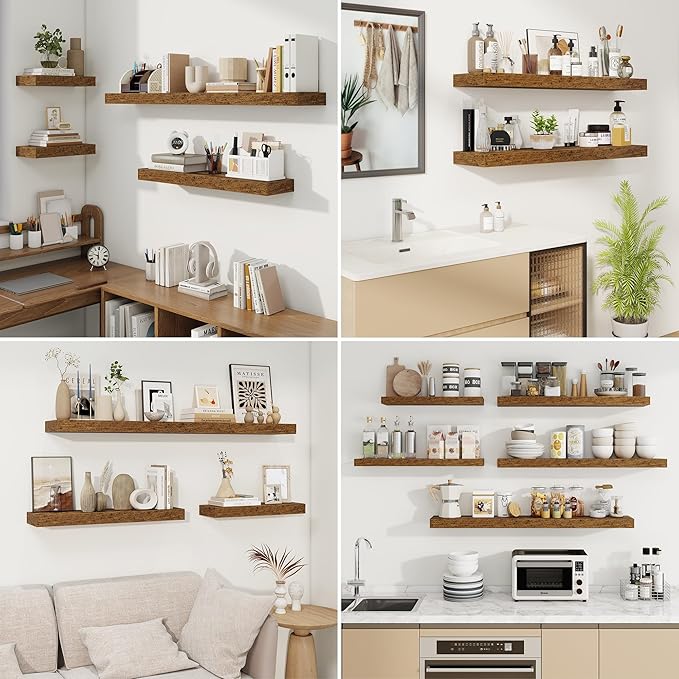 fuqing Floating Shelves for Wall, Wall Mounted Wood Floating Shelf with Invisible Brackets for Living Room, Bathroom, Bedroom, Kitchen Storage and Decor,6.5 Inch Set of 3, Rustic Brown