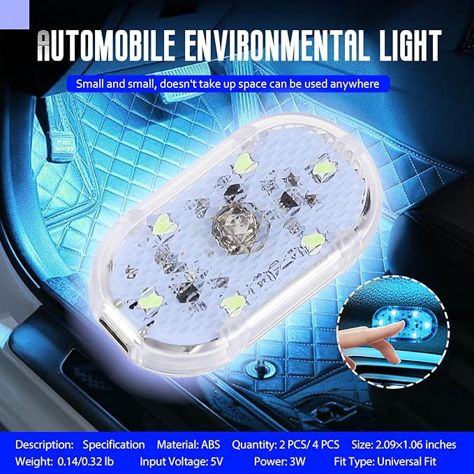 4 PCS Car LED Lights Interior Wireless, Super Bright Auto Interior Ambient Light with 6 Bright LED Lamp Beads, Portable USB Rechargeable Car Led Night Light for Vehicle Decor(Ice Blue)
