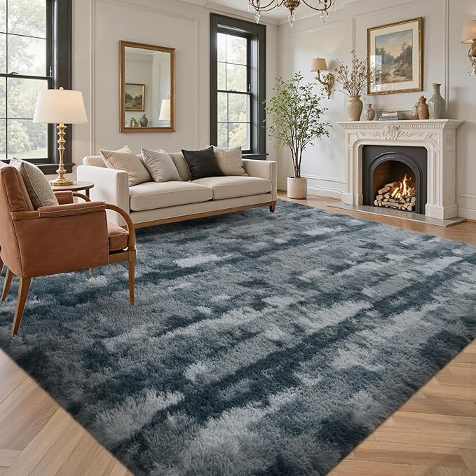 Area Rugs for Living Room 8x10 Feet, Soft Fluffy Shagg Plush Bedroom Rug Non-Slip,Large Carpet for Nursery Kids Dorm Home Decor Grey White