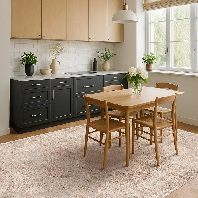 Hazo Haus Farmhouse Area Rugs for Living Room, 8x10 Washable Modern Abstract Rug for Bedroom, Dining Room Under Table & Home Office, Ultra-Soft Low Pile Design, Stain Resistant (Beige & Peach)