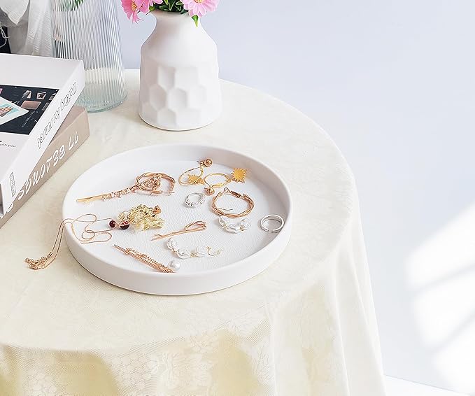 Round White Tray (8 inch) - Sturdy Bathroom Vanity Tray, Kitchen Counter Organizer, Coffee Table Decor | Serving Tray for Perfume, Soap | Farmhouse, Modern Style