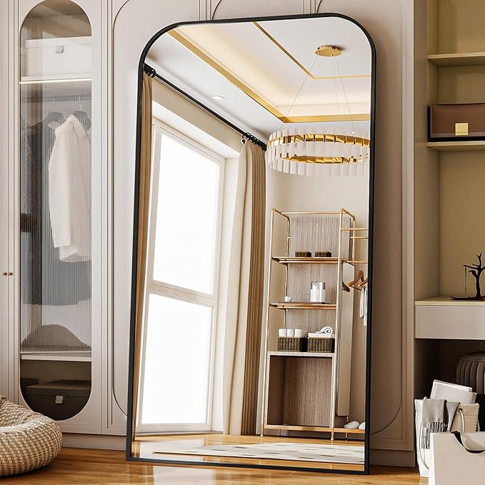 Full Length Mirror 86"x40" Arched Floor Standing Large Mirrors Full Body Mirror with Stand - with Aluminum Frame for Bedroom Living Room, Black