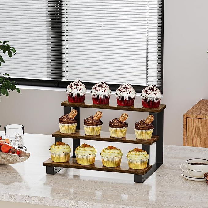 YINMIT Wooden Display Riser Stand,15.75 Inch Tiered Perfume and Cologne Organizer Stand, 3 Tier Spice Rack Organizer, Rustic Display Shelf for Cupcake, Figures, Candles (3 Tier Brown,15.75 In)