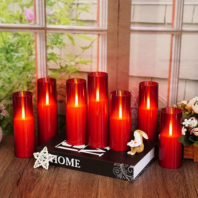 kakoya Flameless LED Candles Upgraded Realistic Flickering Flame,7Pcs Battery Operated Candles with Remote Timers,LED Pillar Candles for Home Decor,Christmas,and Parties(Red)