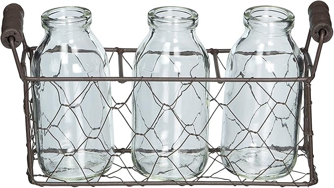 Chicken Wire Rectangle Decorative Metal Basket with Three Glass Bottles