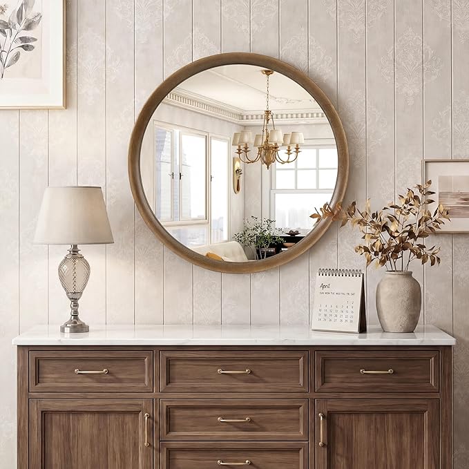 Brakki Round Wall Mirror with Wood Frame, 24 inch Circle Mirror for Bathroom Bedroom Entryway Vanity Living Room, HD Shatterproof Glass, Wall Mounted Decor, Hanging or Leaning, Walnut