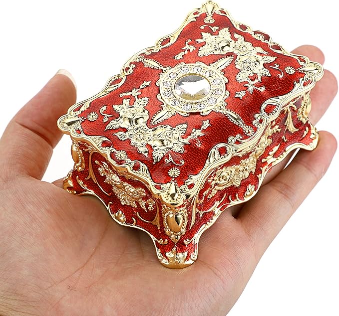 Hipiwe Vintage Jewelry Box, Small Enameled Trinket Box Organizer Rectangular Treasure Chest Box Jewelry Decorative box Keepsake Gift Box Case for Women,3.7x 2.7x 2 inch