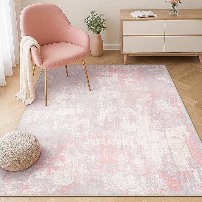 RELEANY Washable Area Rugs 3'x5' Non-Slip Modern Abstract Soft for Living Room Entryway Bedroom Nursery, Print Pattern, Grey Pink