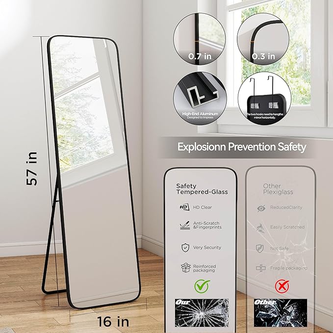 SCWF-GZ 57x16 Door Hanging Full Length Mirror, Floor Stand (Height 5.7ft just Body in1.3ft) Wall Mounted Metal Frame Rectangle Dressing Mirrors for Bedroom Bathroom Room 57 inch Black