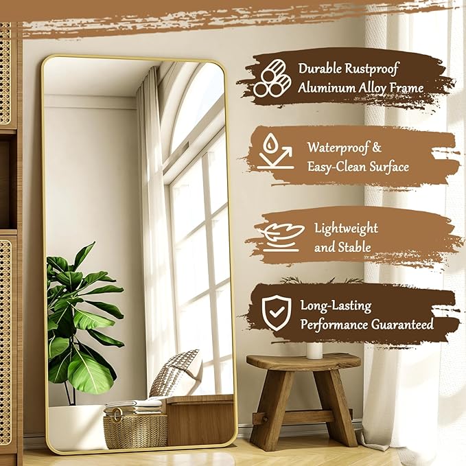XRAMFY 76"x34" Floor Full Length Mirror Standing Full Body Rounded Corner Rectangle Mirrors with Stand Hanging Wall Mounted Leaning Bedroom Living Room Bedroom Cloakroom,Gold