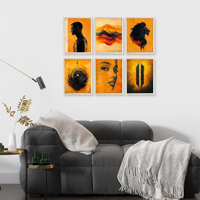 Eastern Print Set of 6 Abstract Masculine Wall Art Prints – Bold Orange & Black Lion, Silhouette, Face Line Posters – Modern Unframed 8x10 Decor for Men’s Room, Office, Man Cave or Creative Studio