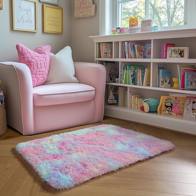 Amdrebio Rainbow 2x3 Small Area Rugs for Girls Bedroom Kids Room Decor, Pastel Colorful Rug for Playroom Preppy Dorm, Cute Unicorn Shaggy Rug for Baby Princess, Kawaii Fluffy Plush Carpet for Nursery