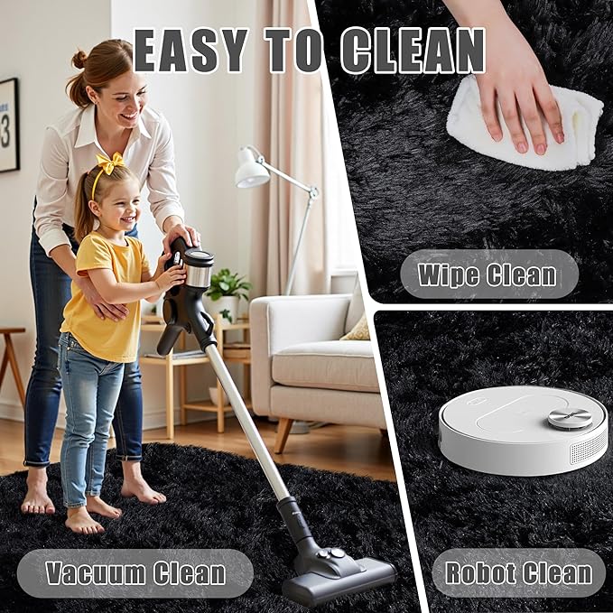4x6 Area Rug for Living Room:Ultra Soft Fluffy Shag Black Rugs,Large Fuzzy Plush Indoor Non Slip Carpet Washable Rug for Bedroom Kids Nursery Office Dorm Modern Decor(Black 4'x6')