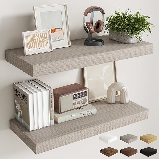 Fun Memories 32 Inch Grey Floating Shelves for Wall, 12 Inch Deep Shelves for Bathroom|Kitchen|Bedroom, Wall Mounted Rustic Wood Floating Shelf with Invisible Brackets for Books|Storage|Decor, 2 Pack