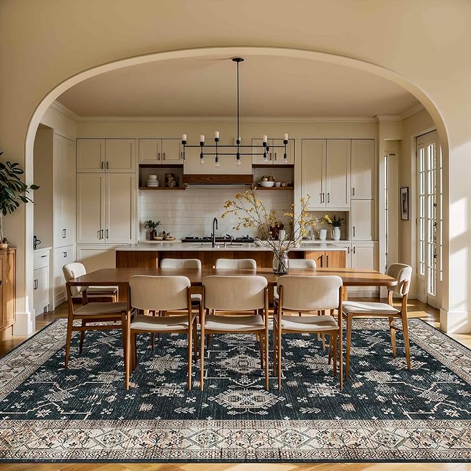 Rugxara 8x10 Area Rugs for Living Room, Large Washable Rug, Black Vintage Boho Rug, Non Slip & Low Pile Faux Wool Carpet for Indoor Dining Room, Bedroom and Farmhouse(Black 8x10ft)