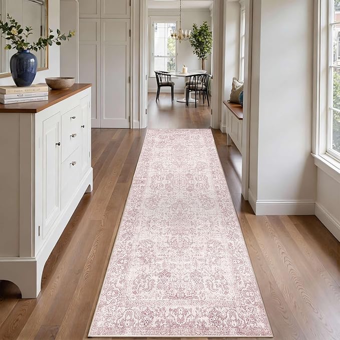 Rugxara 2x6 Hallway Runner Rug, Non Slip Boho Runner Rugs for Hallway, Kitchen, Entrance, Bathroom, Laundry Room, Soft Ultra-Thin Entryway Carpet, Throw Low Pile Retro Imitation Wool Carpet, Pink