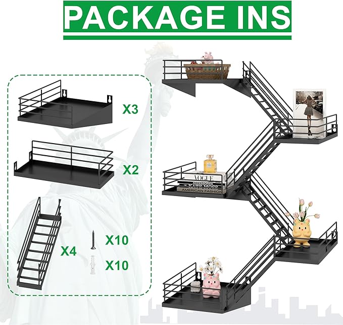 Fire Escape Shelf - 5 Tier Large Metal Black Fire Escape Wall Shelves with Baskets, New York Action Figurine Display Shelf, Unique Rustic Floating Decorative Wall Shelves for Home