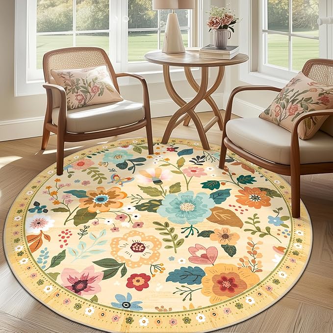 RELEANY Floral Nursery 4ft Area Rugs Washable Print Boho Cute Carpet Non Slip Flower Low Pile for Living Room Kids Girls Playroom Bedroom Kitchen Office Farmhouse-Ivory/Yellow