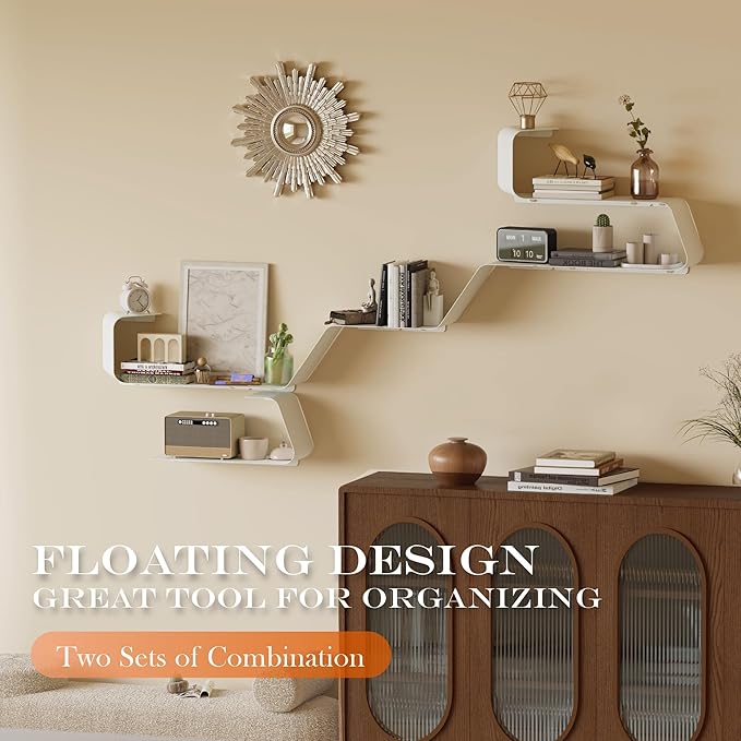 Sttoraboks Floating Shelves - Set of 3 Wall Mounted Metal Shelves with Unique Design for Wall Storage, Book Shelf, Display Shelves for Bathroom, Bedroom, Kitchen, Living Room, White