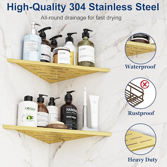 Qeke Corner Shower Shelves, 12” Recessed Tile Shower Shelf, 304 Stainless Steel Grout in Corner Tile Shower Shelves, No Drilling, Brushed Golden, 2 Pack