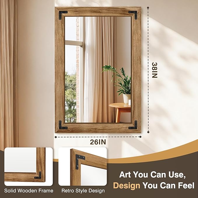 Wooden Bathroom Mirror for Wall, 38"x26" Solid Wood Frame Vanity Mirror, for Farmhouse, Bedroom, Living Room, Entryway Decor, Hangs Vertically or Horizontally