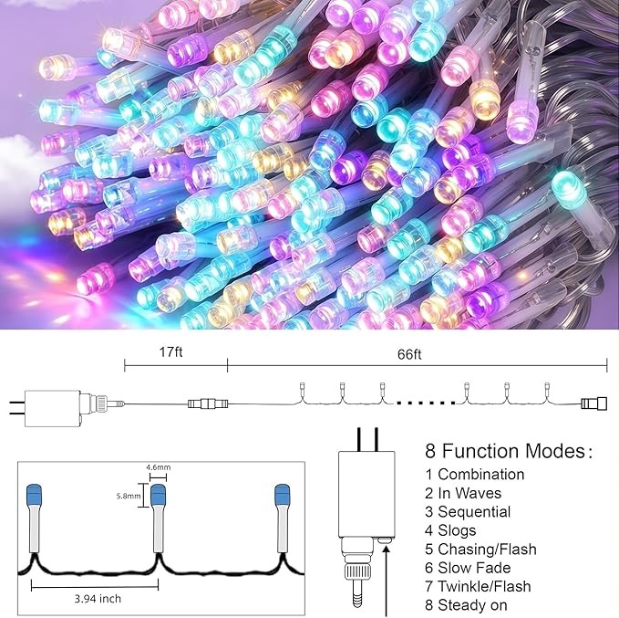 HOME LIGHTING 66ft Easter Decorative Mini Lights, 200 LED Clear Wire Fairy Starry String Lights Plug in, 8 Lighting Mode, Indoor Outdoor Xmas Tree Wedding Party Garden Decoration (Pastel Multicolor)