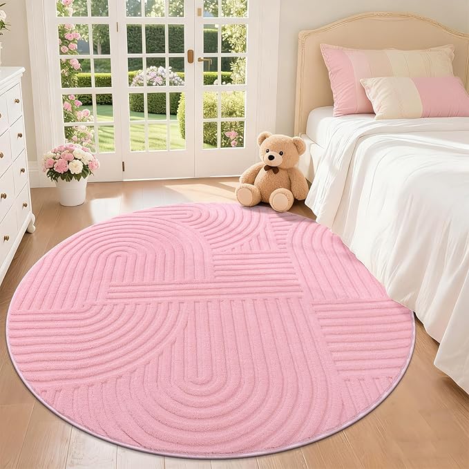 Pauwer Pink Area Rug for Girls Bedroom 4ft Soft Fluffy Non Slip Machine Washable Rugs Modern Indoor Mat Fuzzy Floor Round Carpet for Kids Nursery Living Room Dorm Playroom Dining Baby Home Decor