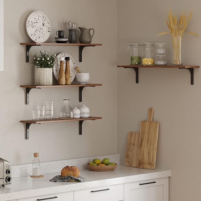 DINZI LVJ Long Wall Shelves, 31.5 Inch Wall Mounted Shelves Set of 2, Easy-to-Install, Wall Storage Ledges with Sturdy Metal Brackets for Living Room, Bathroom, Bedroom, Kitchen, Rustic Brown | Easy-to-Install, Wall Storage Ledges, Living Room, Bathroo...