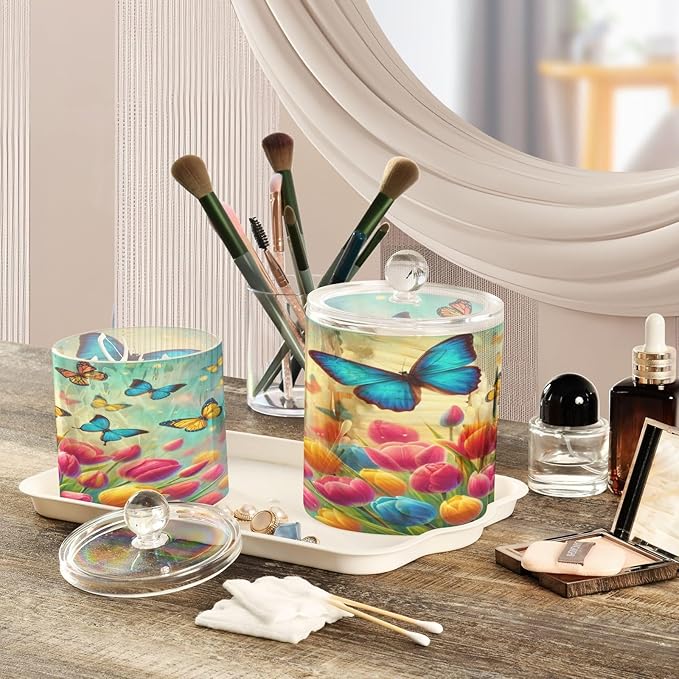 Flower Floral Butterfly Jars with Lids Bathroom Canisters Decorative Jars Laundry Container Cotton Swab Dispenser for Home Decor Makeup Storage Countertop Organizer