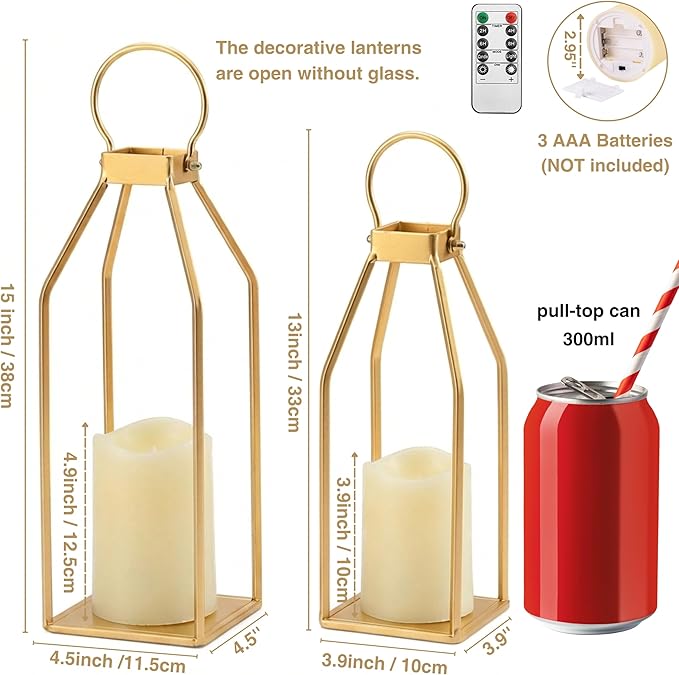 Perfnique Modern Farmhouse Lantern Decor, 15'' 12.6'' Set of 2 Gold Metal Lanterns, 2 LED 6hr Timer Flameless Candles ＆ Remote Timer, Lanterns Decorative for Outdoor, Porch, Fireplace, Patio