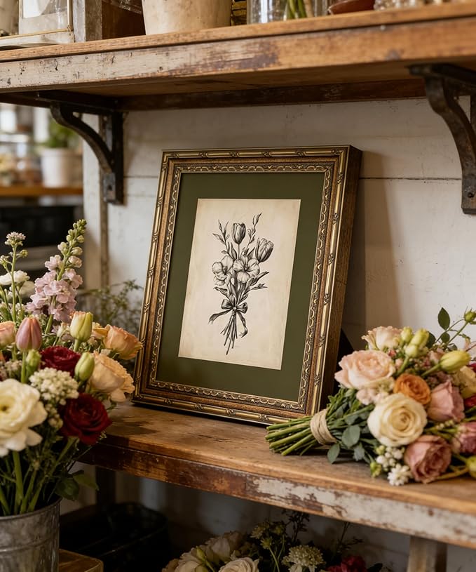 Gold Framed Wall Art Vintage Flower Sketch Wall Art Antique Sage Green Botanical Wall Decor Picture Dark Green Floral Drawing Poster Print for Bedroom Living Room 9x11in