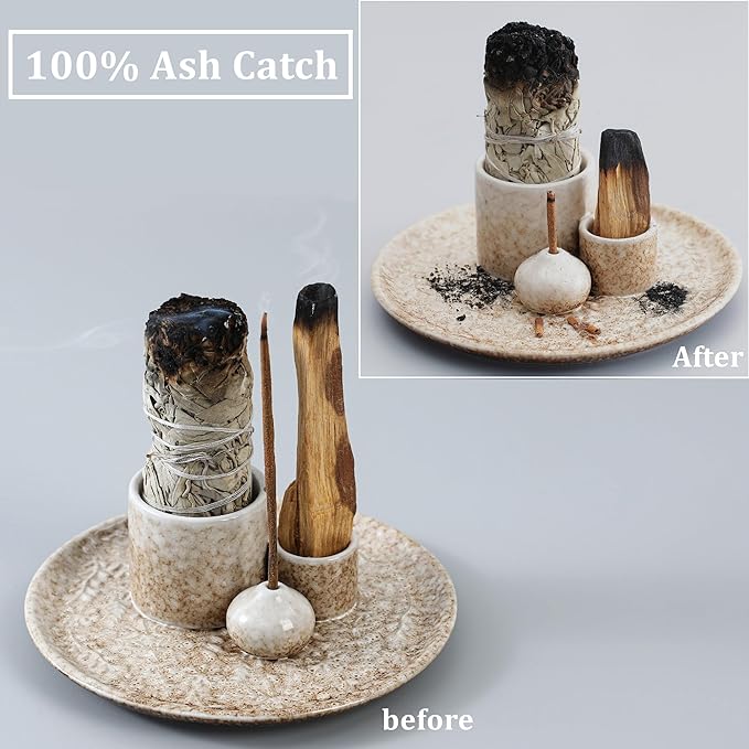 5 in 1 Incense Holder Burner, 5.9" Ceramic Holder for Burning Palo Santo Sage Candle and Incense Sticks Cones, Ash Catcher Tray for Meditation Room Home Décor (Bronze)