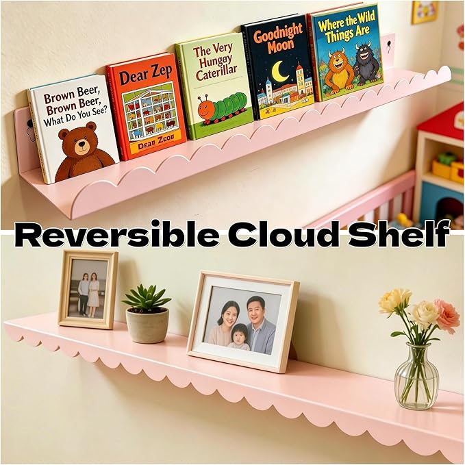 24 Inch Nursery Book Shelves Set of 4, Pink Metal Floating Shelves for Wall, Scalloped Cloud Book Shelf for Kids Room, Bathroom, Bedroom, Playroom Wall Decor & Storage