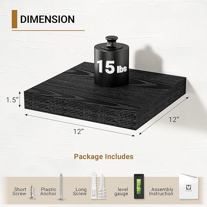 Vivelove Black Floating Shelves 12 Inches Wide, 12" Deep Wall Shelves for Bedroom, Bathroom, Living Room, Kitchen, Office, Rustic Home Decor Shelf with Invisible Brackets, 12" X 12" X 1.5", Set of 2